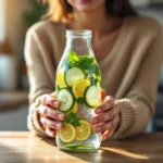 eine frau erklärt, warum sie jeden morgen aromatisiertes wasser trinkt und wie es ihre gesundheit und ihr wohlbefinden verbessert.